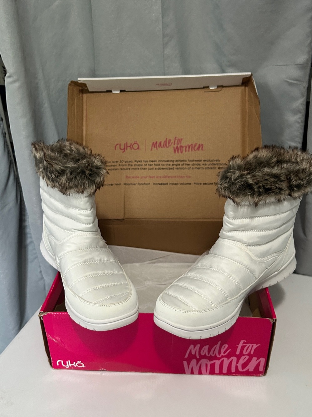 Ryka White Quilted Winter Boots with Faux Fur Collar